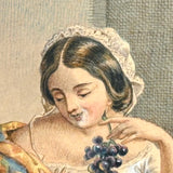 Dangling Grapes, Mother with Child, Very Finely Painted c. 1850s Watercolor on Card