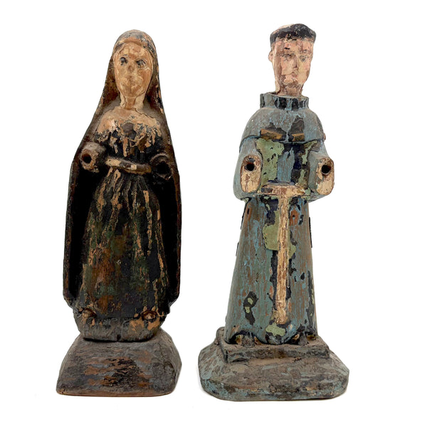 Holy Companions, Sweet Pair of Antique Carved Santos Figures