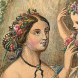 Hair Wreaths and Ruffles Everywhere, Very Finely Painted C. 1850s Watercolor on Card
