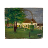 Sweet c. 1930s-40s Hand-painted Folk Art Wooden Box with White House, Many Flowers, and Smoking Chimney