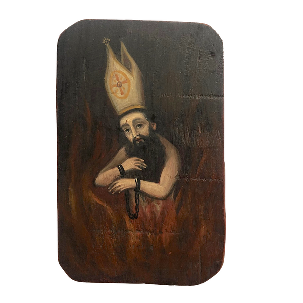 Anima Sola with Mitre Hat, Unusual Painted Icon on Wood Panel