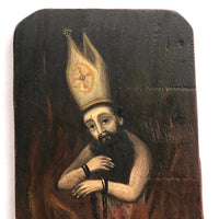 Anima Sola with Mitre Hat, Unusual Painted Icon on Wood Panel