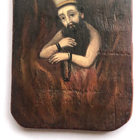 Anima Sola with Mitre Hat, Unusual Painted Icon on Wood Panel