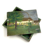 Sweet c. 1930s-40s Hand-painted Folk Art Wooden Box with White House, Many Flowers, and Smoking Chimney