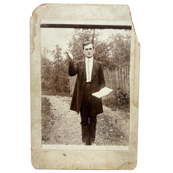 Intense Preacher with Bible and Raised Hand, Antique Cabinet Card Photo