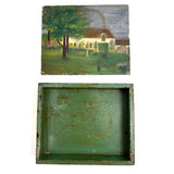 Sweet c. 1930s-40s Hand-painted Folk Art Wooden Box with White House, Many Flowers, and Smoking Chimney