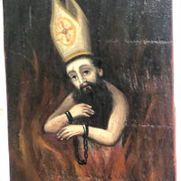 Anima Sola with Mitre Hat, Unusual Painted Icon on Wood Panel