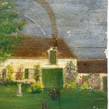 Sweet c. 1930s-40s Hand-painted Folk Art Wooden Box with White House, Many Flowers, and Smoking Chimney