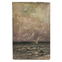 Atmospheric Antique Oil on Canvas Seascape with Gulls
