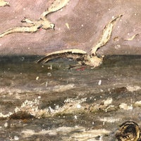 Atmospheric Antique Oil on Canvas Seascape with Gulls