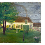 Sweet c. 1930s-40s Hand-painted Folk Art Wooden Box with White House, Many Flowers, and Smoking Chimney