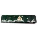 Nice Binney & Smith Watercolor Set in Green Tin with Silver Sailboat, 1950s