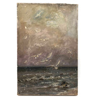 Atmospheric Antique Oil on Canvas Seascape with Gulls