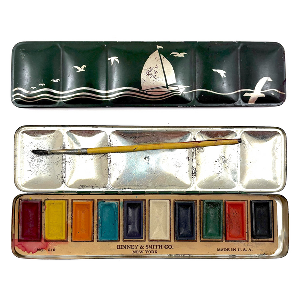 Nice Binney & Smith Watercolor Set in Green Tin with Silver Sailboat, 1950s