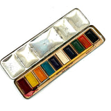 Nice Binney & Smith Watercolor Set in Green Tin with Silver Sailboat, 1950s