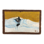 Convalescing Kitty, Charming Old Oil on Board Folk Painting Signed BL