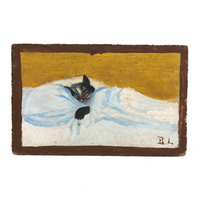 Convalescing Kitty, Charming Old Oil on Board Folk Painting Signed BL