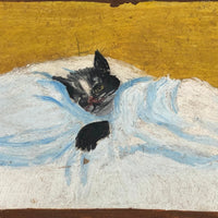 Convalescing Kitty, Charming Old Oil on Board Folk Painting Signed BL