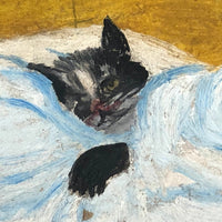 Convalescing Kitty, Charming Old Oil on Board Folk Painting Signed BL