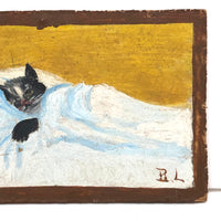 Convalescing Kitty, Charming Old Oil on Board Folk Painting Signed BL