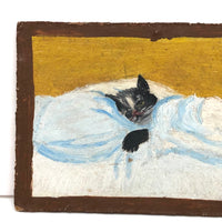 Convalescing Kitty, Charming Old Oil on Board Folk Painting Signed BL