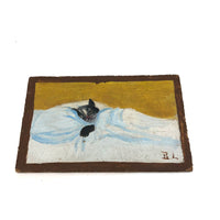 Convalescing Kitty, Charming Old Oil on Board Folk Painting Signed BL