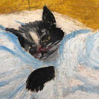 Convalescing Kitty, Charming Old Oil on Board Folk Painting Signed BL