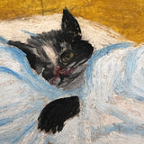 Convalescing Kitty, Charming Old Oil on Board Folk Painting Signed BL