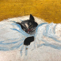 Convalescing Kitty, Charming Old Oil on Board Folk Painting Signed BL