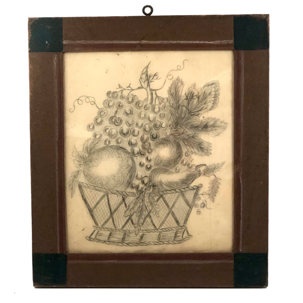19th C. Charcoal Basket of Fruit Drawing in Great Antique Folk Frame