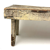 Long, Perfectly Weathered Antique Primitive Stool in Excellent Old White Paint