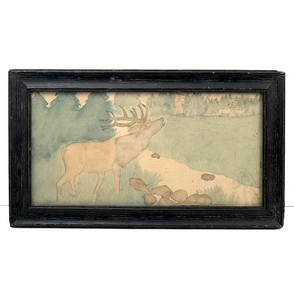 Lonely Buck, Dreamy Feeling Old Naive Framed Watercolor