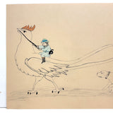 Boy Riding Bird with Dog, Naive Graphite and Colored Pencil Drawing, c. 1880s