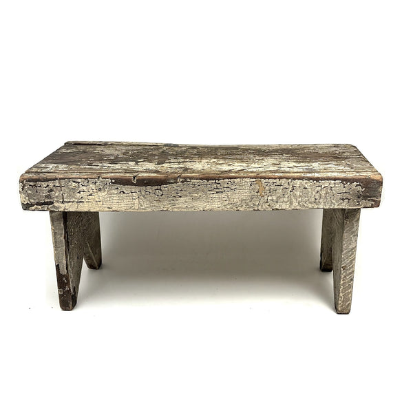 Long, Perfectly Weathered Antique Primitive Stool in Excellent Old White Paint