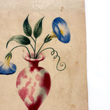 Mottled Urn on Marble Base with Morning Glories, Lovely c. Mid 19th Century Theorem Style Watercolor