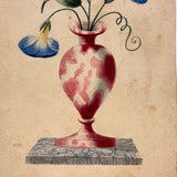 Mottled Urn on Marble Base with Morning Glories, Lovely c. Mid 19th Century Theorem Style Watercolor