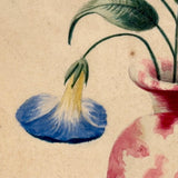 Mottled Urn on Marble Base with Morning Glories, Lovely c. Mid 19th Century Theorem Style Watercolor