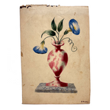 Mottled Urn on Marble Base with Morning Glories, Lovely c. Mid 19th Century Theorem Style Watercolor