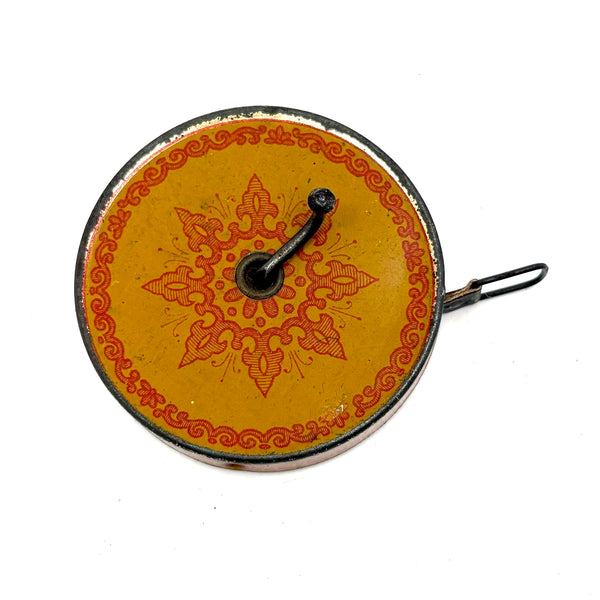 Antique Cloth Measuring Tape in Lovely Tin Litho Case with Winder