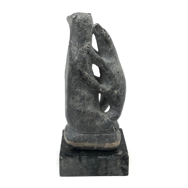Mother Bear and Climbing Cub, Signed Inuit Stone Carving, 1969 (with Marble Base)