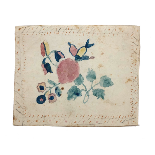 Very Lovely 1866 Naive Watercolor Flowers with Decorated Border on Laid