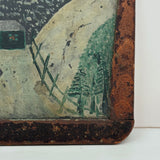 Green House in Snow, Favorite Ever Antique Folk Art Slate Painting with Wonderful Crusty Frame