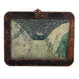 Green House in Snow, Favorite Ever Antique Folk Art Slate Painting with Wonderful Crusty Frame