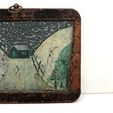 Green House in Snow, Favorite Ever Antique Folk Art Slate Painting with Wonderful Crusty Frame