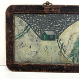 Green House in Snow, Favorite Ever Antique Folk Art Slate Painting with Wonderful Crusty Frame