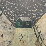 Green House in Snow, Favorite Ever Antique Folk Art Slate Painting with Wonderful Crusty Frame