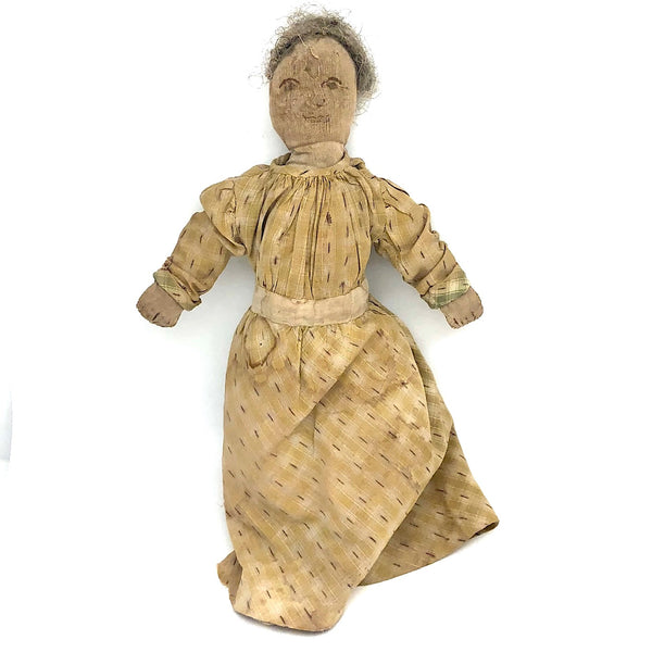 Much Loved Antique Straw Stuffed Doll with Painted Face and Gray Hair