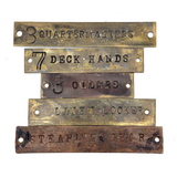 Set of Five Twice Used, Type Pressed, Metal Label Plates from Ship