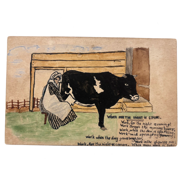 Work for the Night is Coming, Antique Hand-drawn Watercolor Postcard with Woman Milking Cow