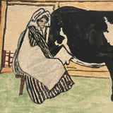 Work for the Night is Coming, Antique Hand-drawn Watercolor Postcard with Woman Milking Cow
